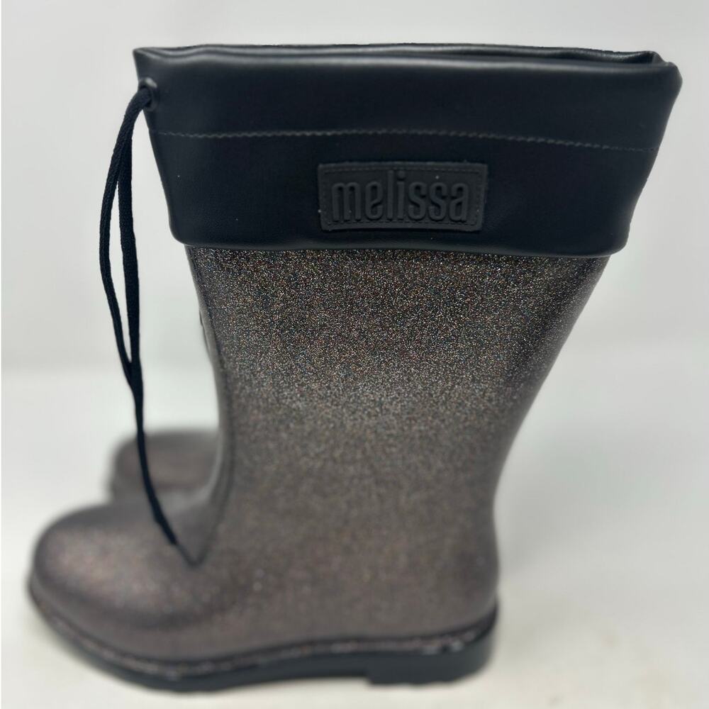Mel Dreamed by Melissa Girl's Black Glitter Rain Boot Ruffle Me This Size 3